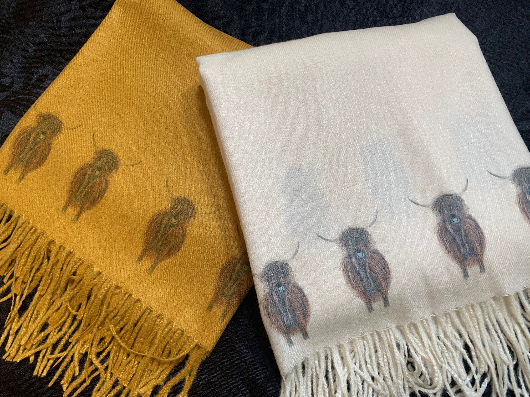 Highland Cows Handprinted on Luxurious Cashmere Blend Scarves